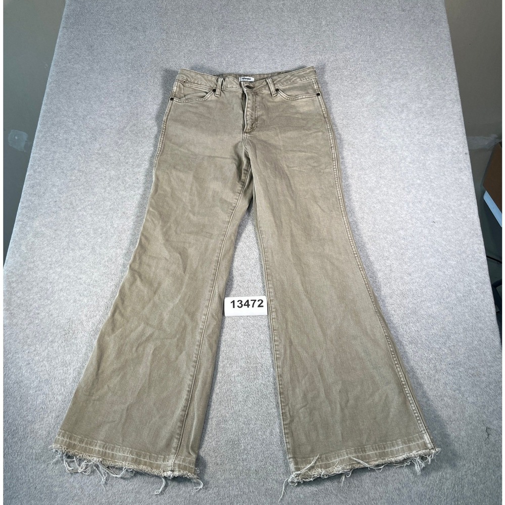 Wrangler Jeans Womens 30x34 Khaki Cotton Stretch Raw Hem Wanderer Mid Rise Flare